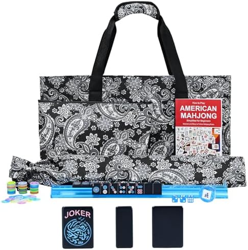 American mahjong set, black tiles, black printed bag