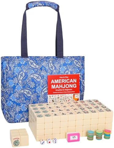 American mahjong set, numbered ivory tiles, patterned case