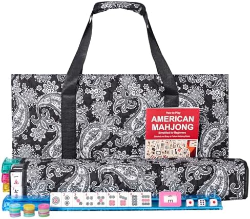 American mahjong set, white tiles, black printed bag