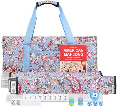 American mahjong set, white tiles, blue and red printed bag