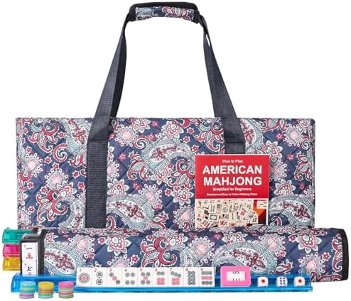 American mahjong set, white tiles, deep blue printed bag