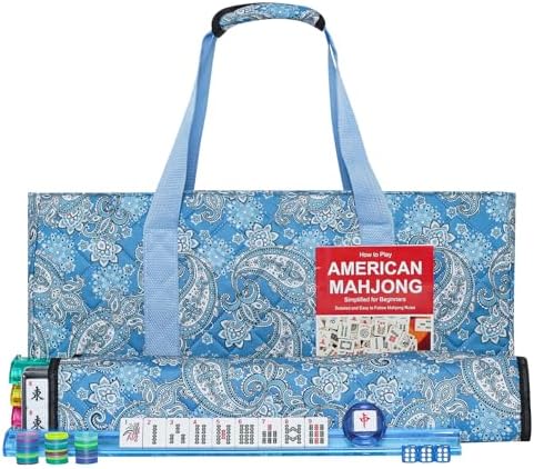 American mahjong set, white tiles, light blue printed bag