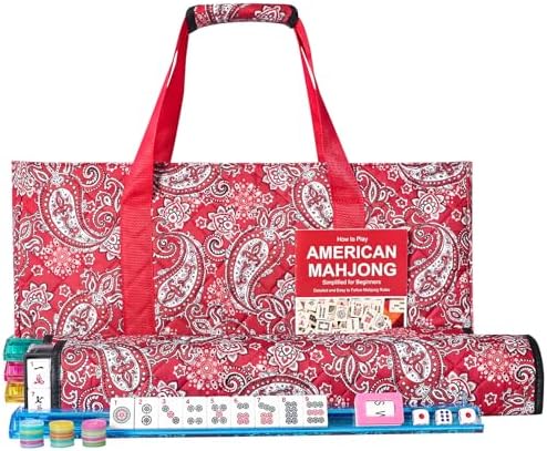 American mahjong set, white tiles, red printed bag