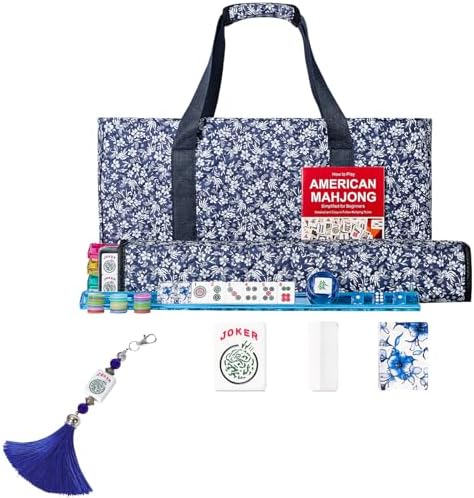 American mahjong set with bag tassels, acrylic blue prints