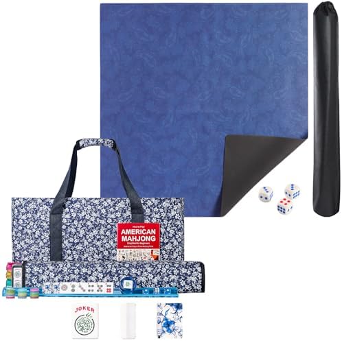 Mahjong set, blue prints, blue mat, 35 inches