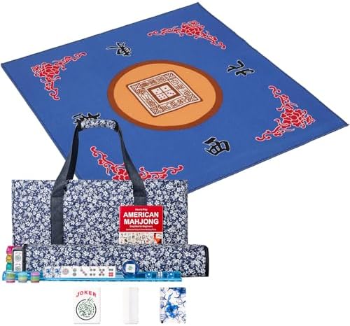 Mahjong set, blue prints, blue mat with dice