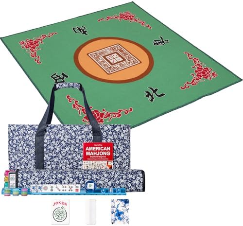 Mahjong set, blue prints, green mat with dice