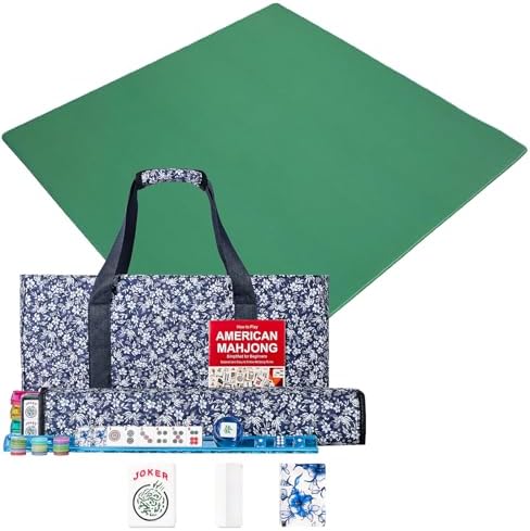 Mahjong set, blue prints, large green mat with bag