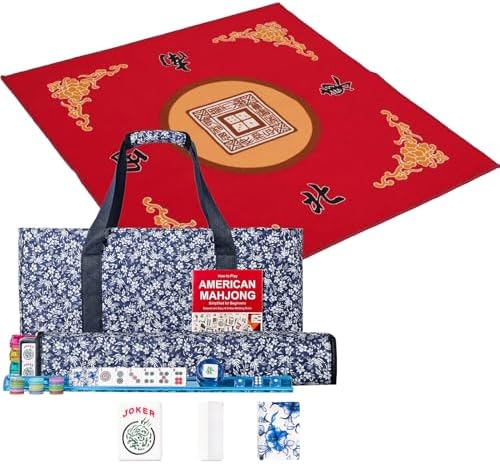 Mahjong set, blue prints, red mat with dice