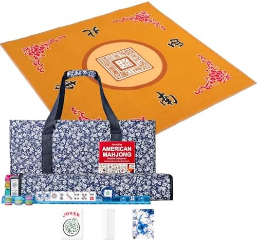 Mahjong set, blue prints, yellow mat with dice