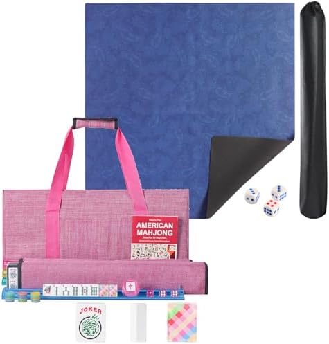 Mahjong set, colorful prints, blue mat, 35 inches