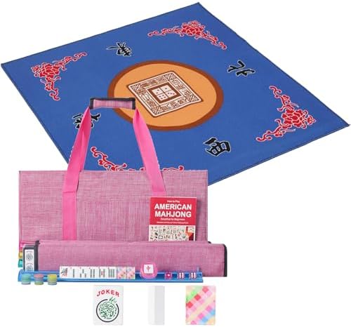 Mahjong set, colorful prints, blue mat with dice