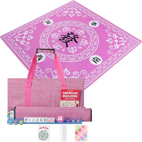 Mahjong set, colorful prints, pink mat with dice