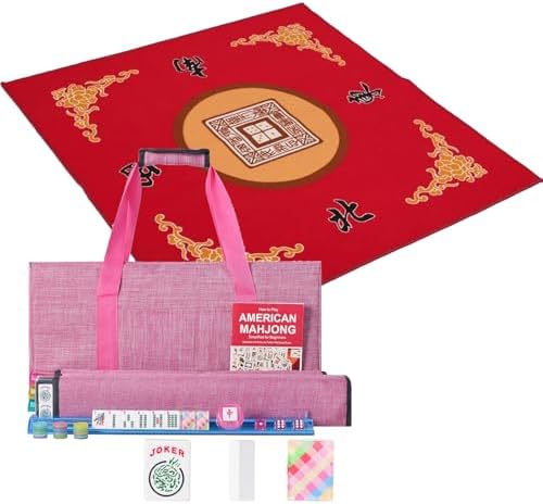Mahjong set, colorful prints, red table mat